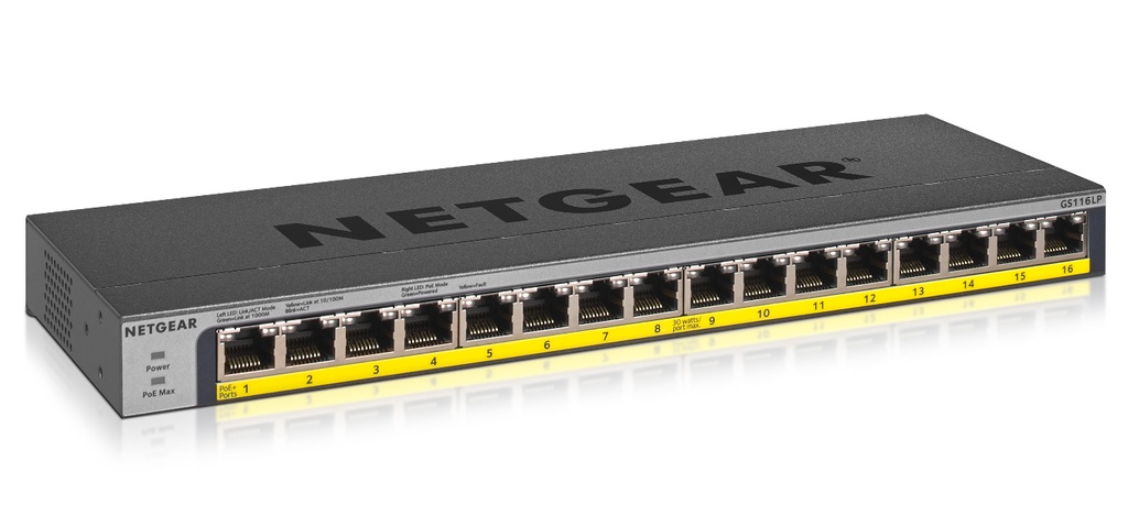 NETGEAR GS116LP | Unmanaged Switch | 16 Poorten | Gigabit Ethernet (10/100/1000 Mbps) | PoE | Zwart